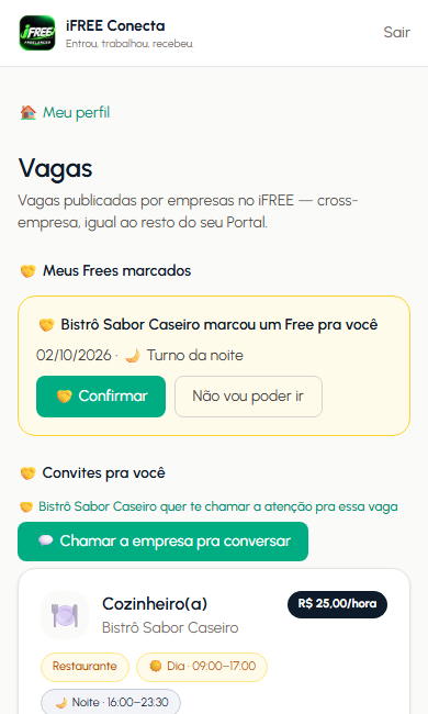 Seção de convites de empresas e card de Free marcado aguardando confirmação